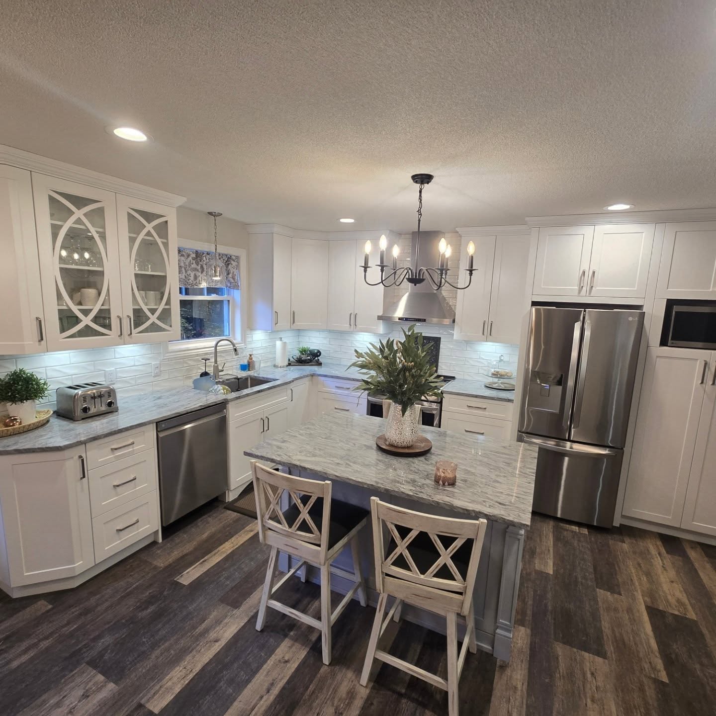 decorative glass doors, granite countertops, white cabinets, Benjamin Moore Eternity
